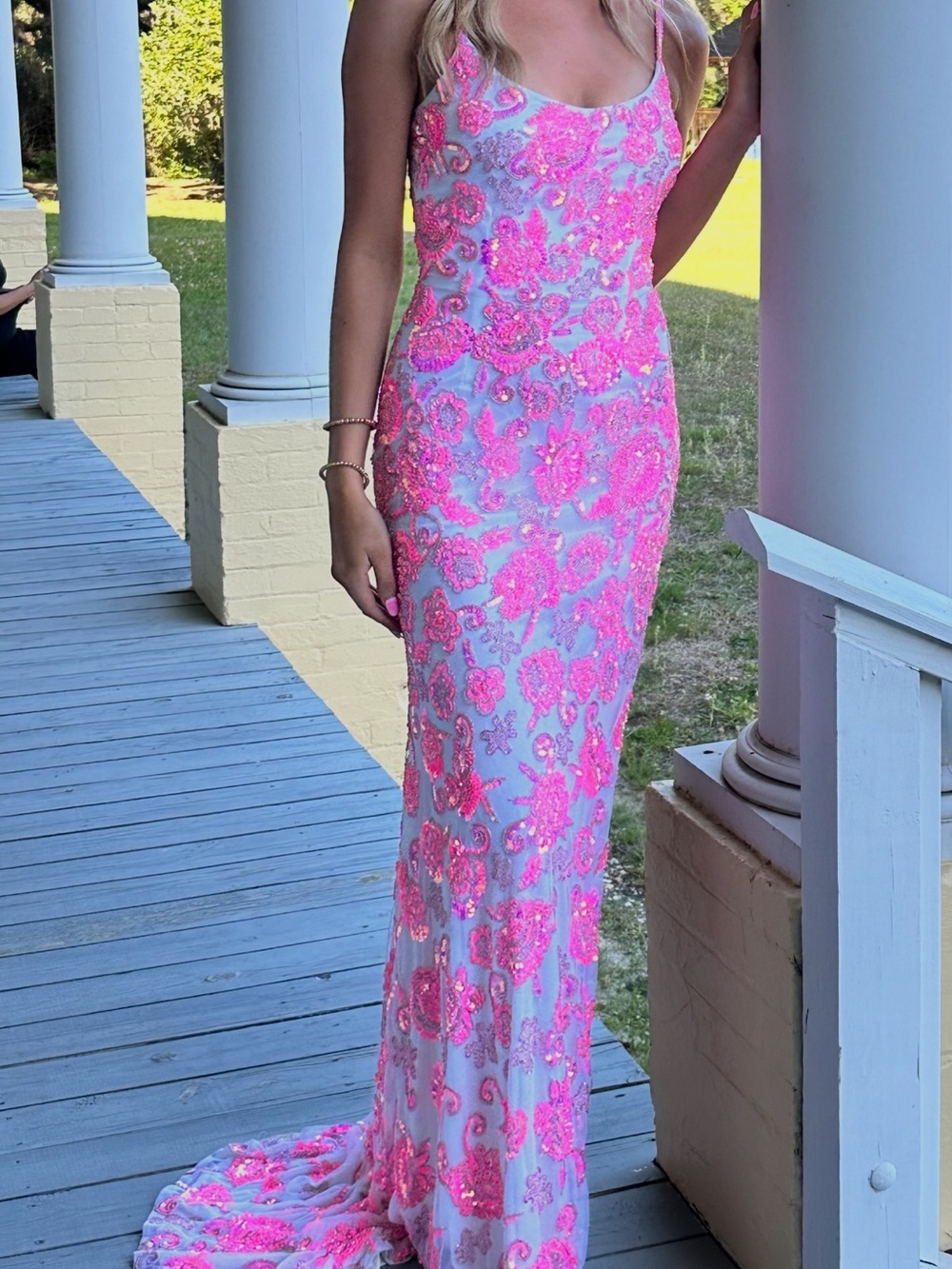 Rachel Allan Neon Pink Sequin Floral Prom Gown